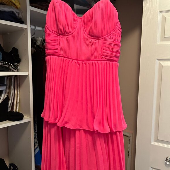 Lulus Cascading Crush Hot Pink Tiered Bustier Midi Dress - Size XS - Picture 2 of 4